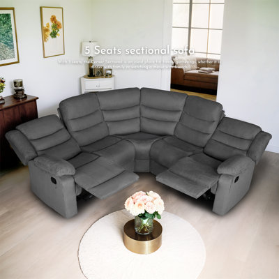 93" Reclining Sectional Sofa – 5-Seat Microfiber Manual Recliner With Cup Holders by Lark Manor