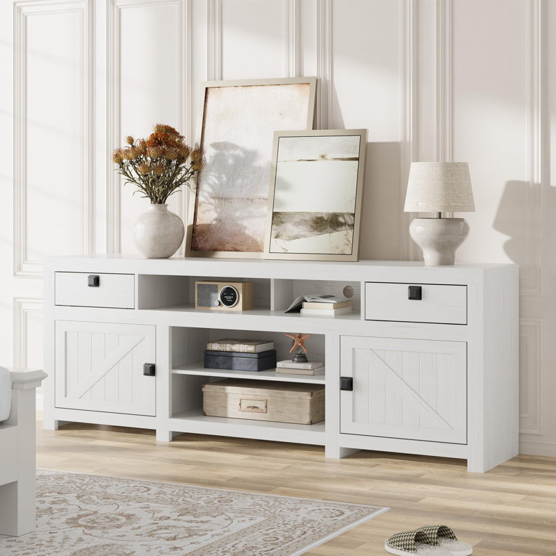 Farmhouse TV Stand for 75/80 Inch TVs, 70" Long Entertainment Center with 4 Storage Drawers & 3 Open Shelf, Television Consoles Stands for Living Room, Bedroom