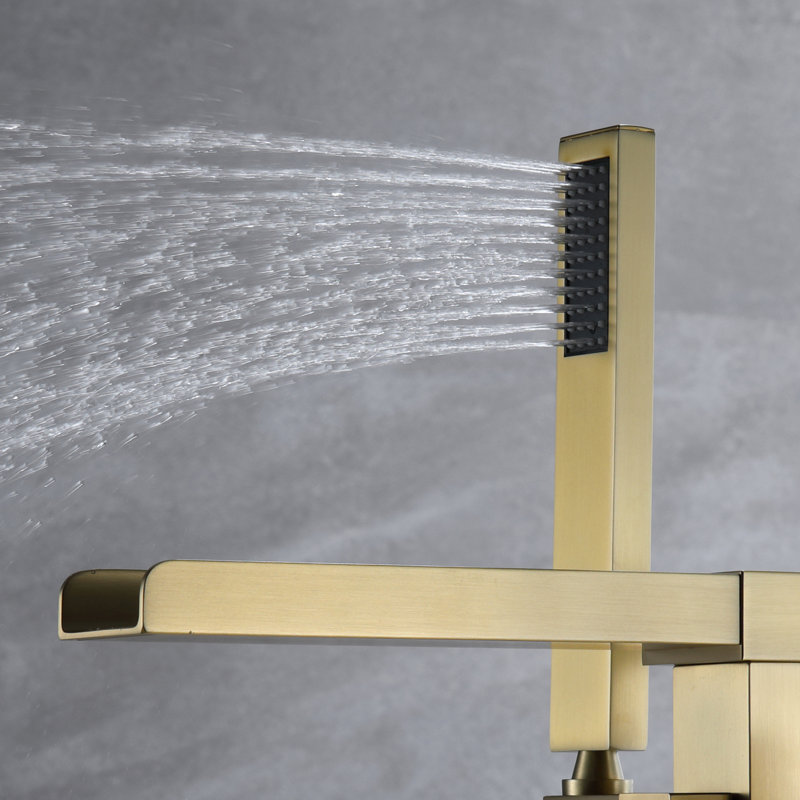 Single Handle Floor Mounted Freestanding Tub Filler Trim with Handheld, Brushed Gold