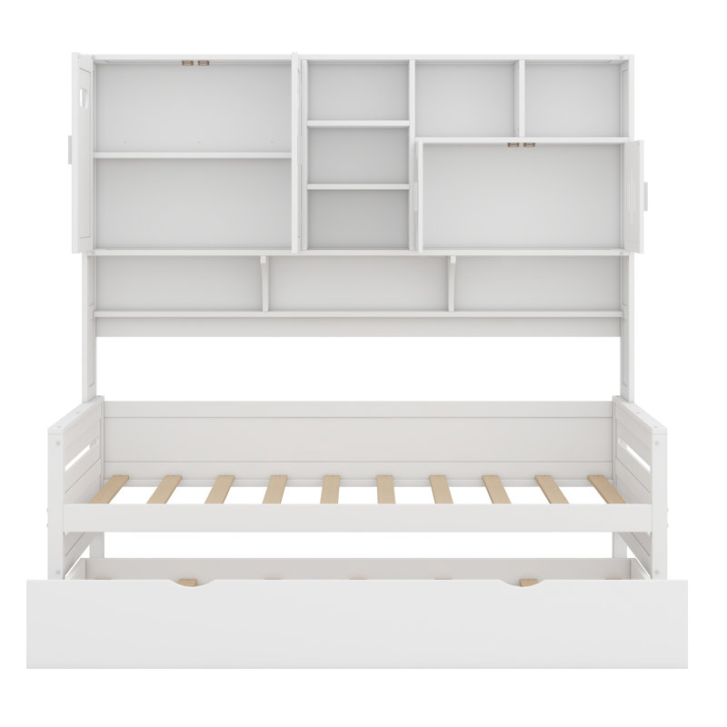 Wooden Daybed With Trundle, And All-In-One Cabinet And Shelf, White, Twin