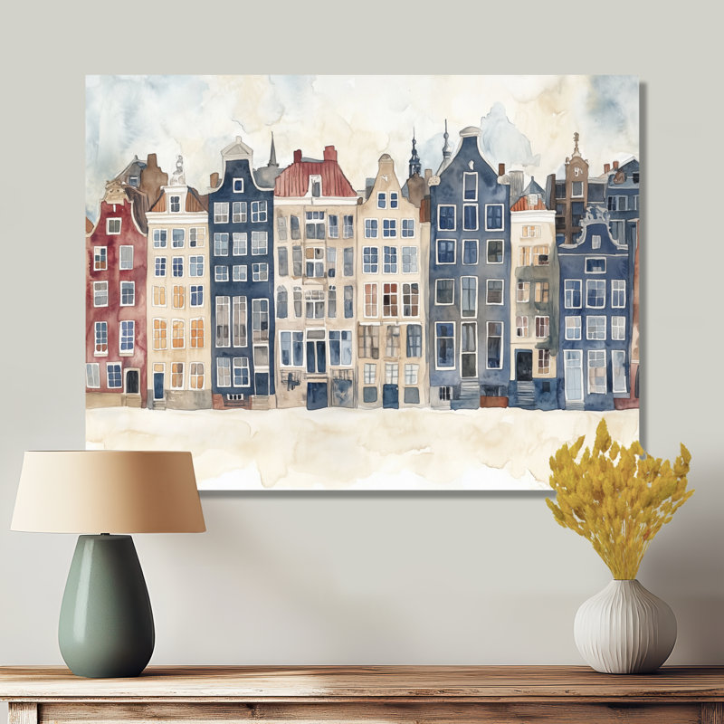 Maisons des canaux d'Amsterdam - Tableau encadré sur toile représentant un paysage urbain bleu marine, H 30 po x l 40 po