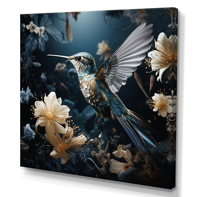 «Midnight floral oiseau Melody 1 - Hummingbird», art mural encadré, H 36 po x l 36 po x P 1,5 po, Toile tendue