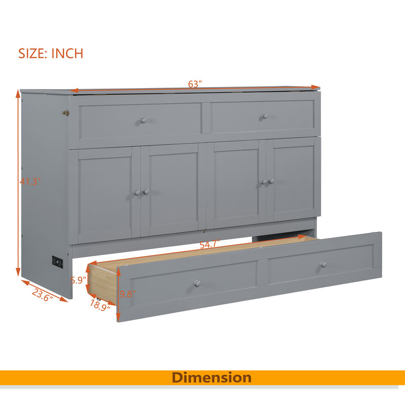 Murphy Bed With Large Drawers, Gray, Queen