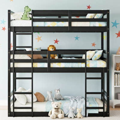 Twin Over Twin Over Twin Triple Bunk Bed, Rubber Wood Frame With 2 Built-in Ladders & Guardrails, Detachable Design