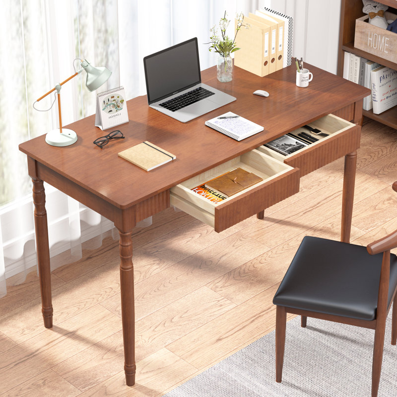 100% Solid Wood Desk With Drawers - 47.2” X 21.7” Mid Century Modern Desks, Vintage Writing Desk With Drawers, Simple Work Study Table, Home Office Computer Desks For Any Room - Walnut Color