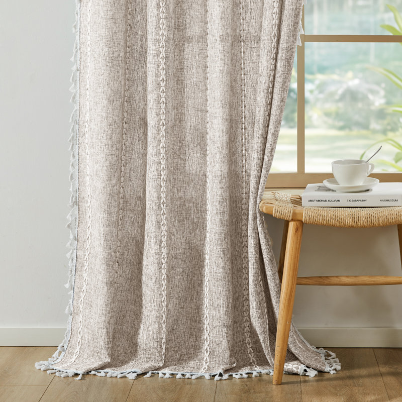Semi Sheer Rod Pocket Curtain Panel with Tassel Fringe – Faux Linen Textured, Light Filtering, 1 Panel, Khaki, 52" W x 54" L