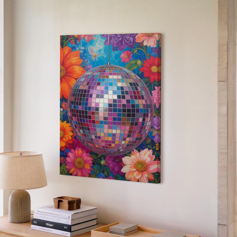 Wall Art Groovy Disco Ball Canvaspsychedelic 70S Art floral et réfléchissant, toile prête à accrocher, H 30 po x l 40 po