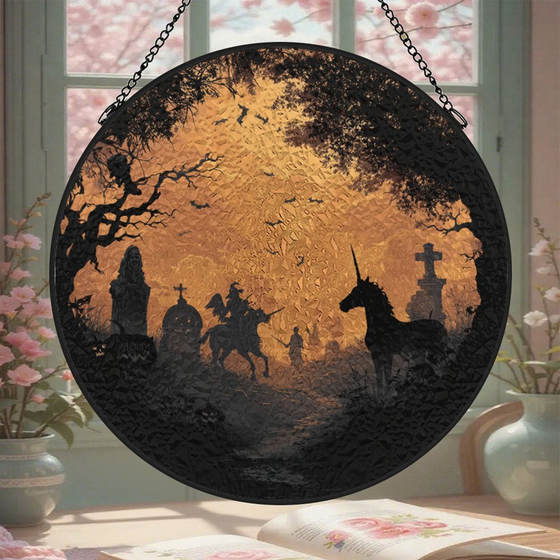 Witch Rides Unicorn Past Graveyard Vitrail Panneaux Vitrail pour fenêtre, 7.8x7.8in(20x20cm)