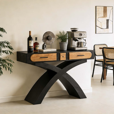 Ashwood veneered console table with cross leg, Two Handle Drawers, Console Table ,Easy Assembly, for Entrance & Dinning Room & Living Room & Hallway