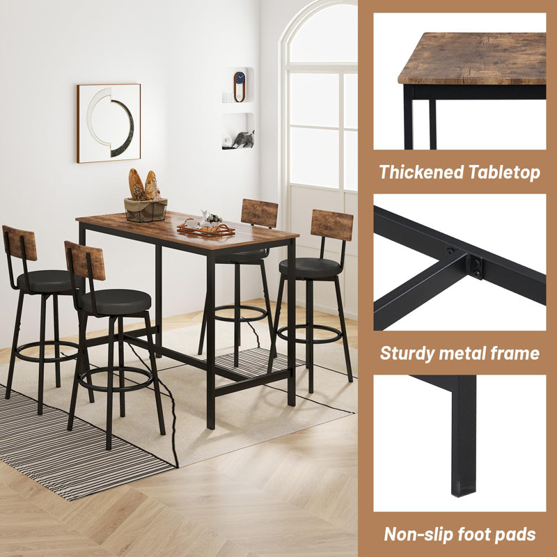 Dining Table Set for 4, 5-Piece Counter Height Bar Table Set with 4 PU Upholstered Stools