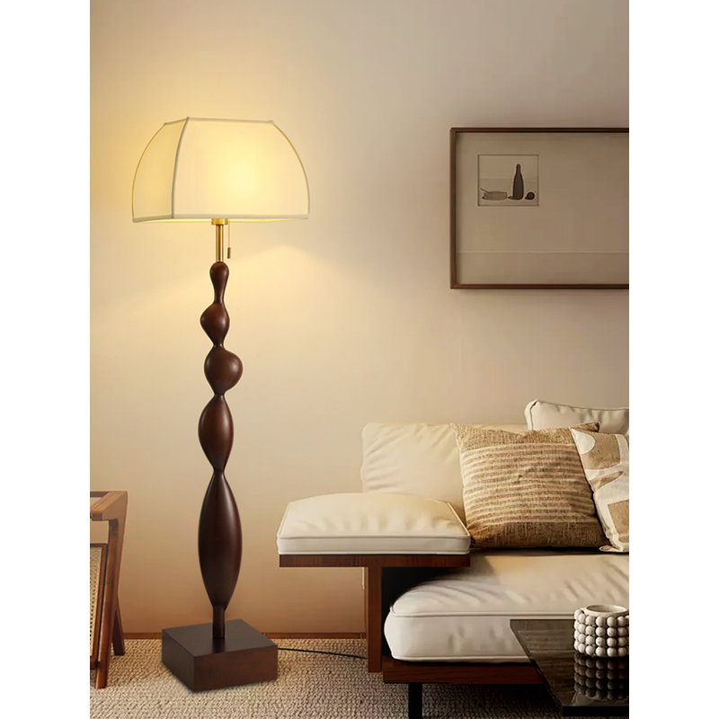 French Mid-Century Solid Wood & Fabric Floor Lamp