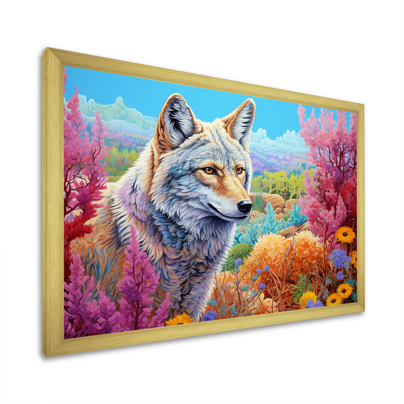 «Native Coyote Horizon» sur toile, Cadre doré simple, H 24 po x l 32 po x P 1 po