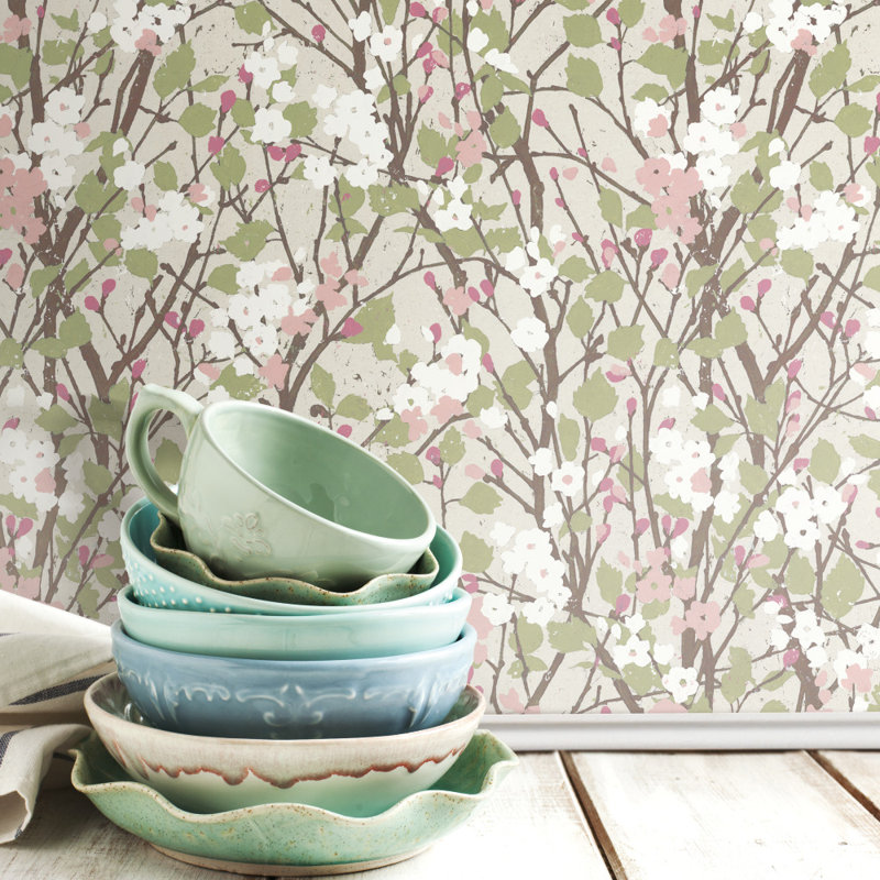 Rouleau de papier peint adhésif Chamlee Willow Branch L 18,9 pi x l 18 po, Beige / vert / noir