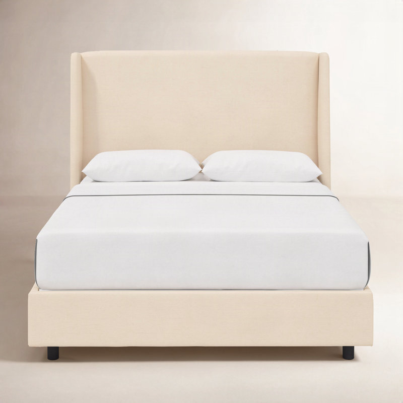 Lit tapissier standard à profil bas Emilio, Simple, Velours perle classique