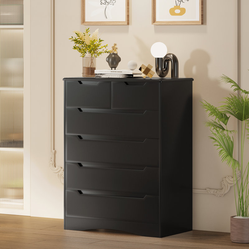 Commode moderne à 6 tiroirs avec poignées encastrées de 43,7 po Masad pour chambre à coucher, vestibule ou salon, Noir