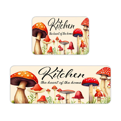 Cream Watercolor Red Spotted Mushroom Kitchen Letter Set of 2 Kitchen Area Rugs, Farm Kitchen