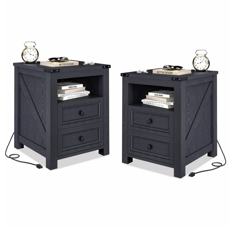 Tables de chevet avec station de charge, table de chevet rustique de 18 pouces avec 2 tiroirs de rangement et tablette ouverte