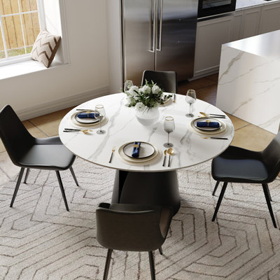  Modern 5/7 Pieces Dining Room Sets, Pre-Assembly Round Dining Table Sets, Glossy Sintered Stone Tabletop Kitchen Dining Table Set With PU Upholstered Chairs