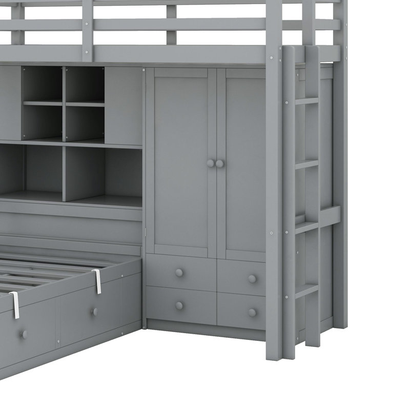 Lit superposé simple avec tiroirs, garde-robe, tablettes et hydraulique, Gris
