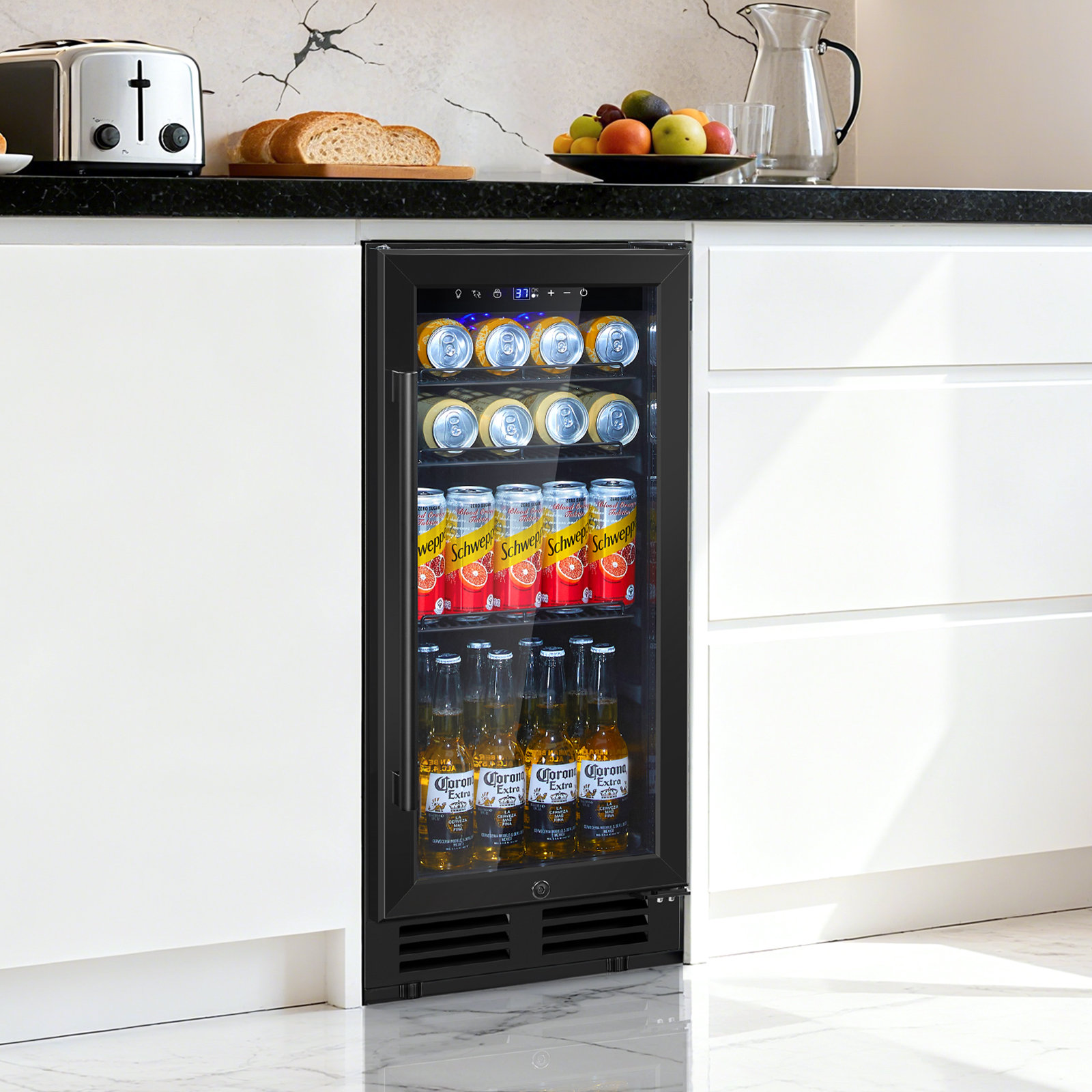 15" 165 Cans Built-In and Freestanding Beverage Refrigerator Beer Drink Cooler with Reversible Glass Door,Blue LED and Safety Lock | Fridge.com