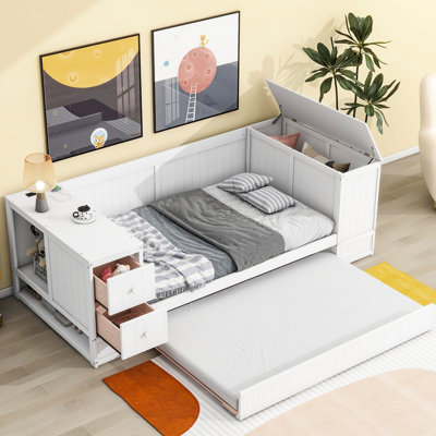 Lit de jour simple avec compartiments de rangement, lit gigogne et charge électrique - rangement en bois massif blanc, finition électrique