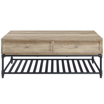Table basse pratique en métal chêne et sable gris avec pieds et rangement