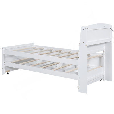 Lit plateforme simple avec tête de lit à DEL avec rangement, lit gigogne simple et 3 tiroirs, blanc