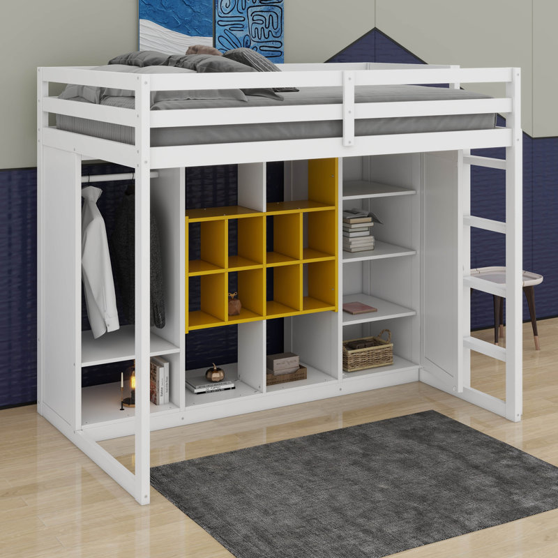Twin Size Wood Loft Bed With Wardrobe, Shelves And Cabinet, White/Yellow