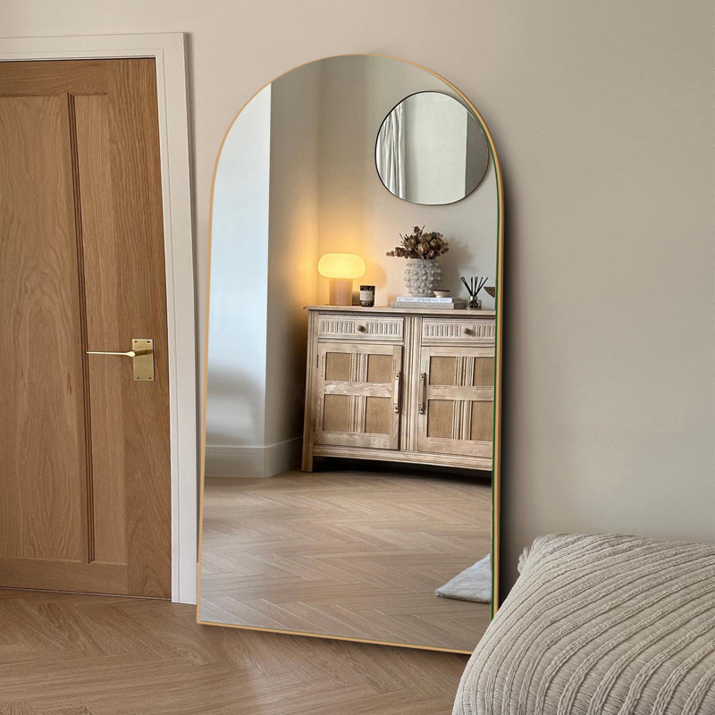 Leeron Oversized Arch Solid Wood Floor Mirror with Stand, Gold, 70.9" x 31.5"