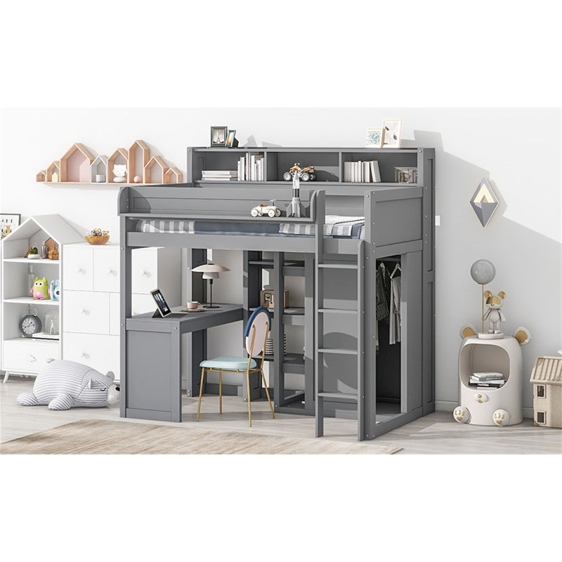 Lit mezzanine en bois avec plusieurs tablettes de rangement et garde-robe, Gris