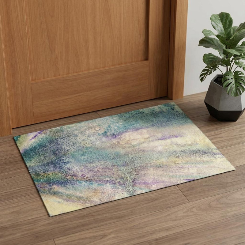 3' X 5' Blue Purple And Ivory Abstract Washable Area Rug With UV Protection