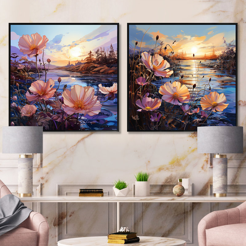 «Pink Morning Glory», ensemble de 2 collages carrés, Cadre flottant noir, H 16 po x l 33 po