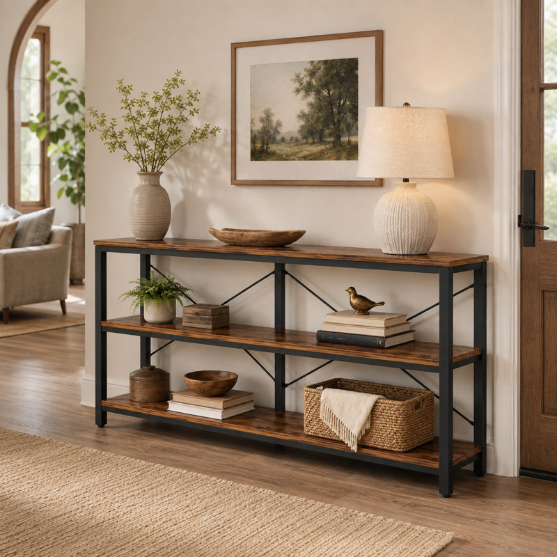 Console à 3 niveaux avec structure en métal robuste, canapé moderne derrière le canapé, table décorative décorative pour l'entrée, le couloir et le salon