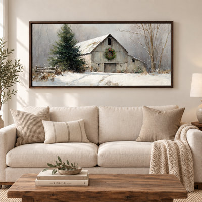 Tableau encadré sur toile, style rustique, représentant une grange et un paysage enneigé aux tons naturels, idéal pour une ambiance de fêtes sereine dans un salon ou une chambre à coucher (Noël), 61 x 122 cm.