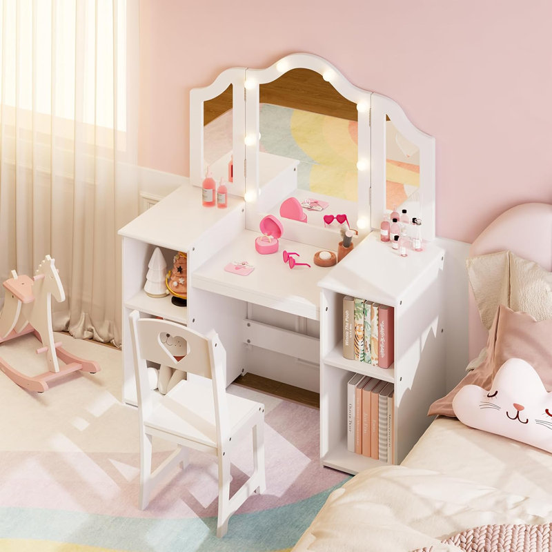 Vanity with Lights Storage Cabinet and Touch Light Detachable Tri-Folding Mirror 2 in 1  Vanity Table and Chair Set Wooden  Vanity Dress Table