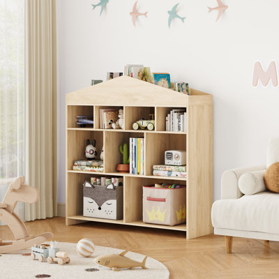 Educational-Inspired Kids Bookshelf & Toy Organizer - House-Shaped 15-Cubby Wooden Bookcase - Anti-Tip, Sturdy, Floor Standing Storage for Playroom, Nursery, Bedroom - Natural Wood Color