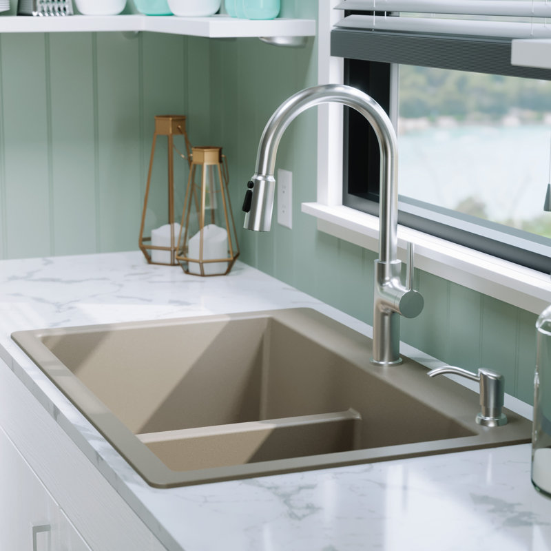 Ensemble d'évier de cuisine encastré à double cuve 50/50 Karran Quartz 33 "X 22", Béton
