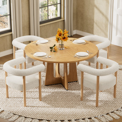 47-inch Round Farmhouse Dining Table Set, 4/6 White Teddy Fleece Chairs for Dining Kitchen