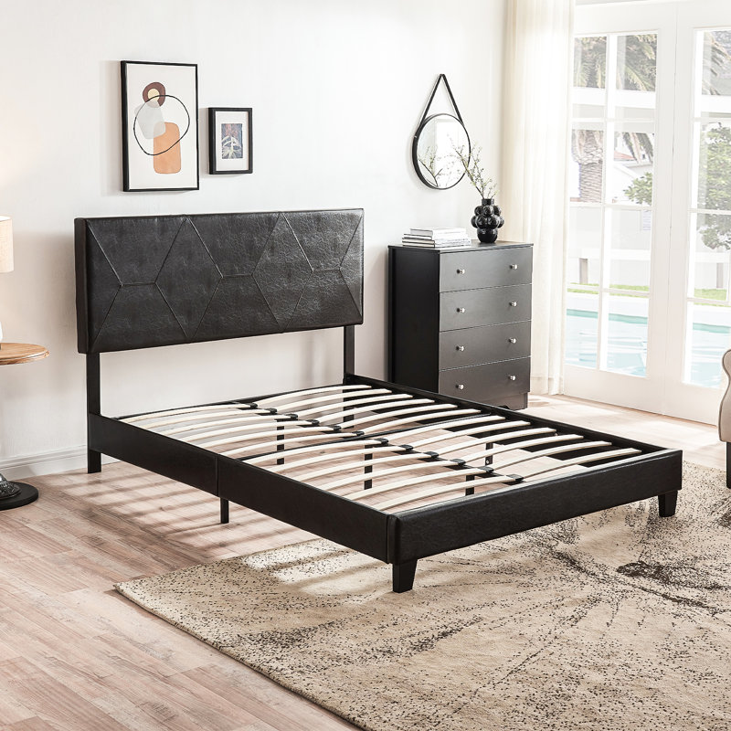 Grand lit plateforme en tissu d'ameublement noir Pu