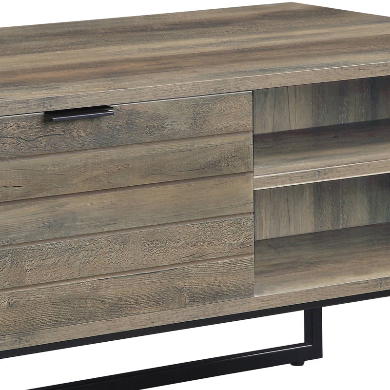 Table basse rustique en chêne avec beaucoup de rangement et support métallique stable