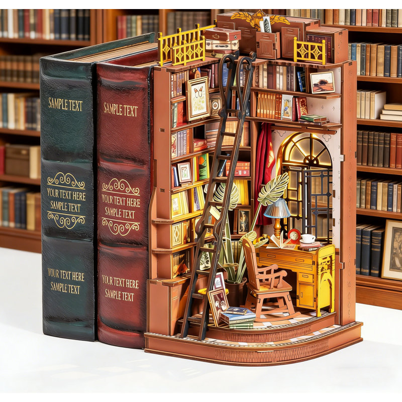 Silent Corner Study Book Nook Kit – 3D Wooden Puzzle Miniature Dollhouse, DIY Bookshelf Diorama with Decorative Bookends, Creative Craft Set for Adults, Unique Gift for Book Lovers