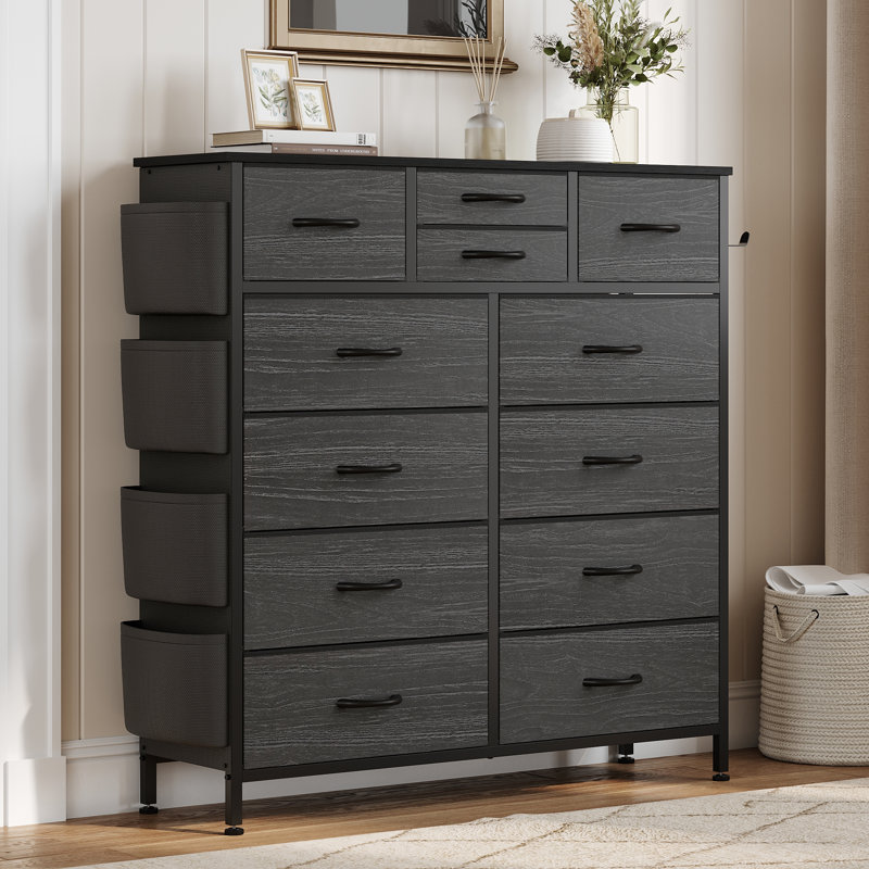 Commode 12 tiroirs pour chambre à coucher avec 4 poches latérales et 2 crochets Forestine, Grain de bois noir