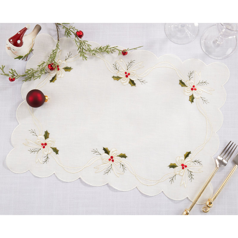 White Embroidered Holly and Ribbon Fabric Placemats Set of 4