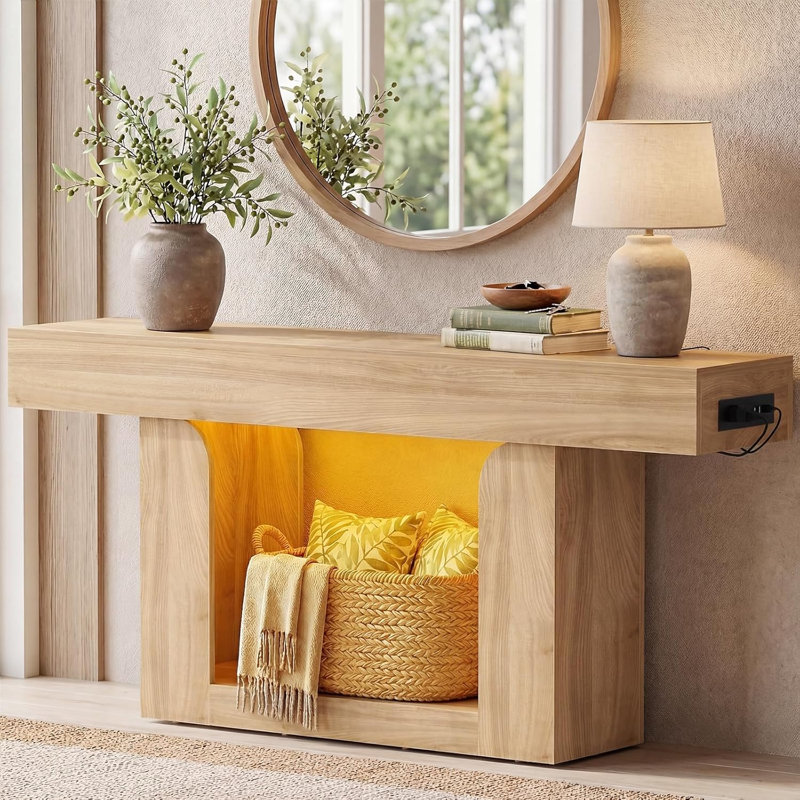 63" W Console Table, Entryway Table With LED Lights And Charging Station, Natural Oak, Natural Oak