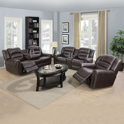 3 Piece Oversize Premium Leather Manual Recliner With Rivets Living Room Set