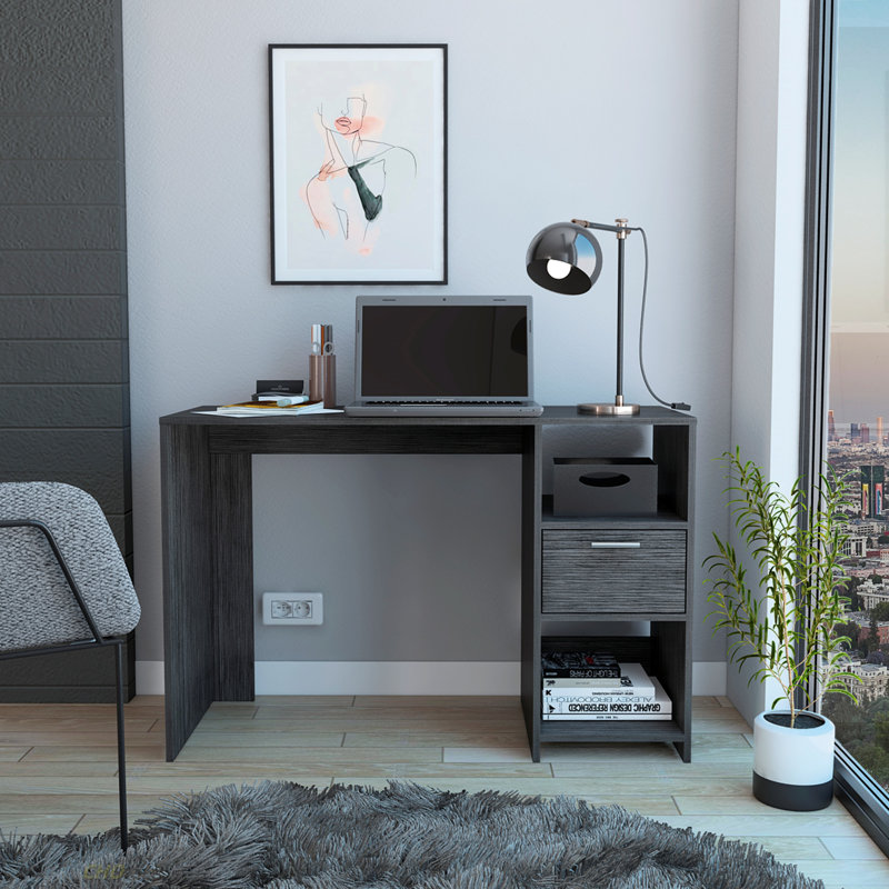 Bureau d'ordinateur, un tiroir, deux tablettes, Gris anthracite