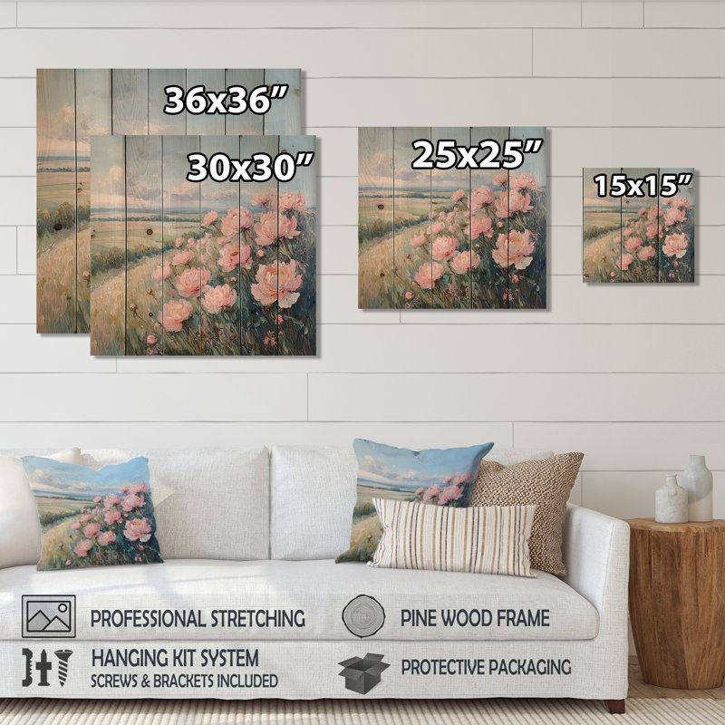 Peonies At The Farms Edge II - Peonies Wood Print - On Natural Pine Wood, 36" H x 36" W x 0.78" D