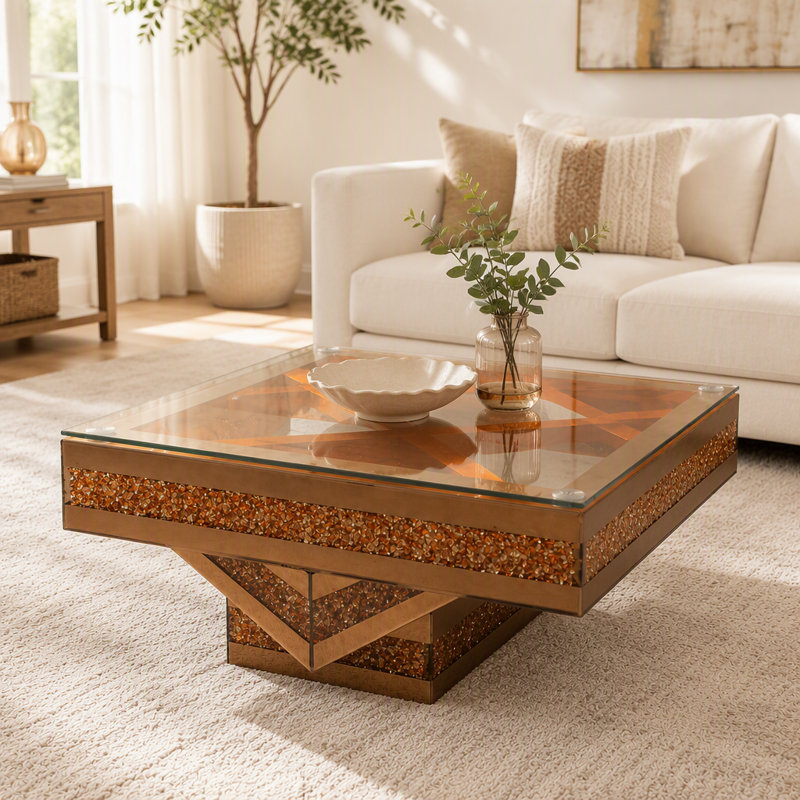 Table basse à 3 niveaux avec miroir en diamant concassé, Transparent / brun