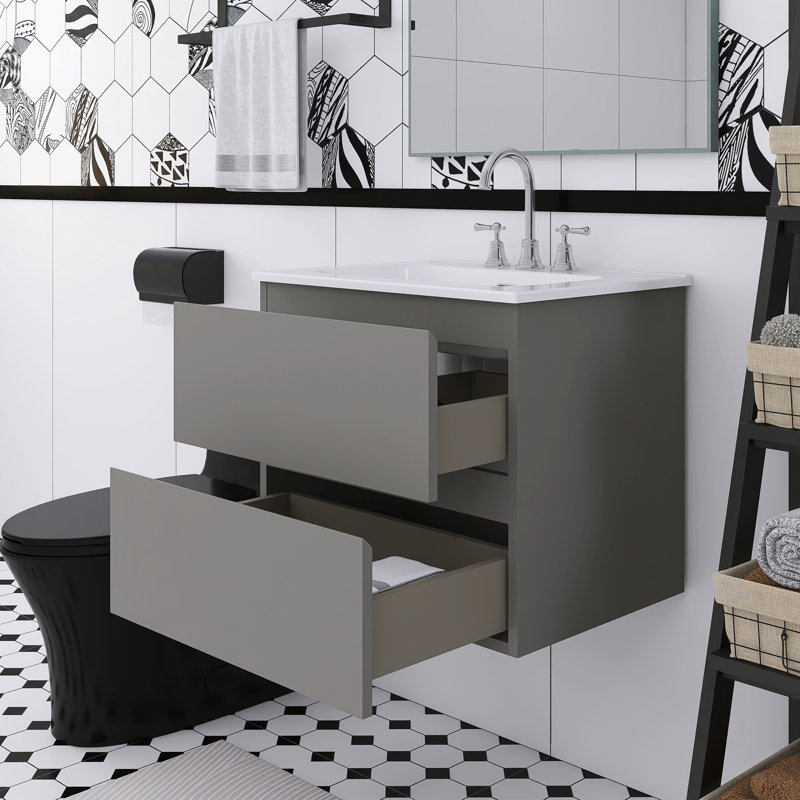 Meuble-lavabo mural 24 po avec lavabo en céramique blanche, Gris