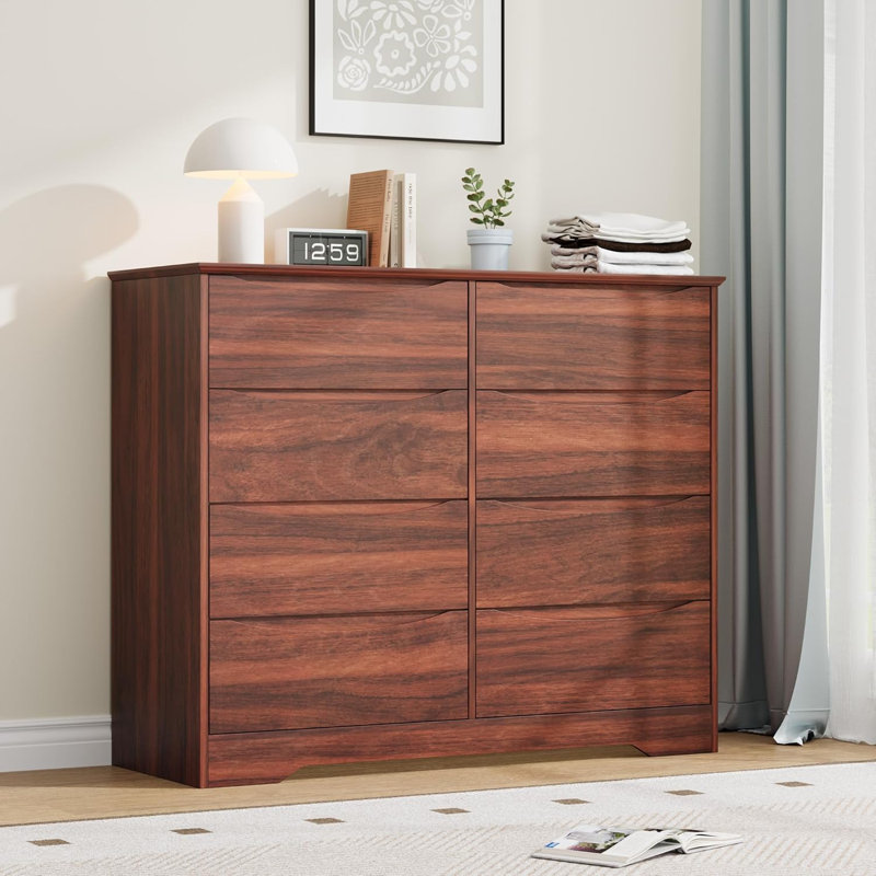 Grande commode moderne en bois avec 8 tiroirs, rangement profond, grande commode à large plateau, Brun